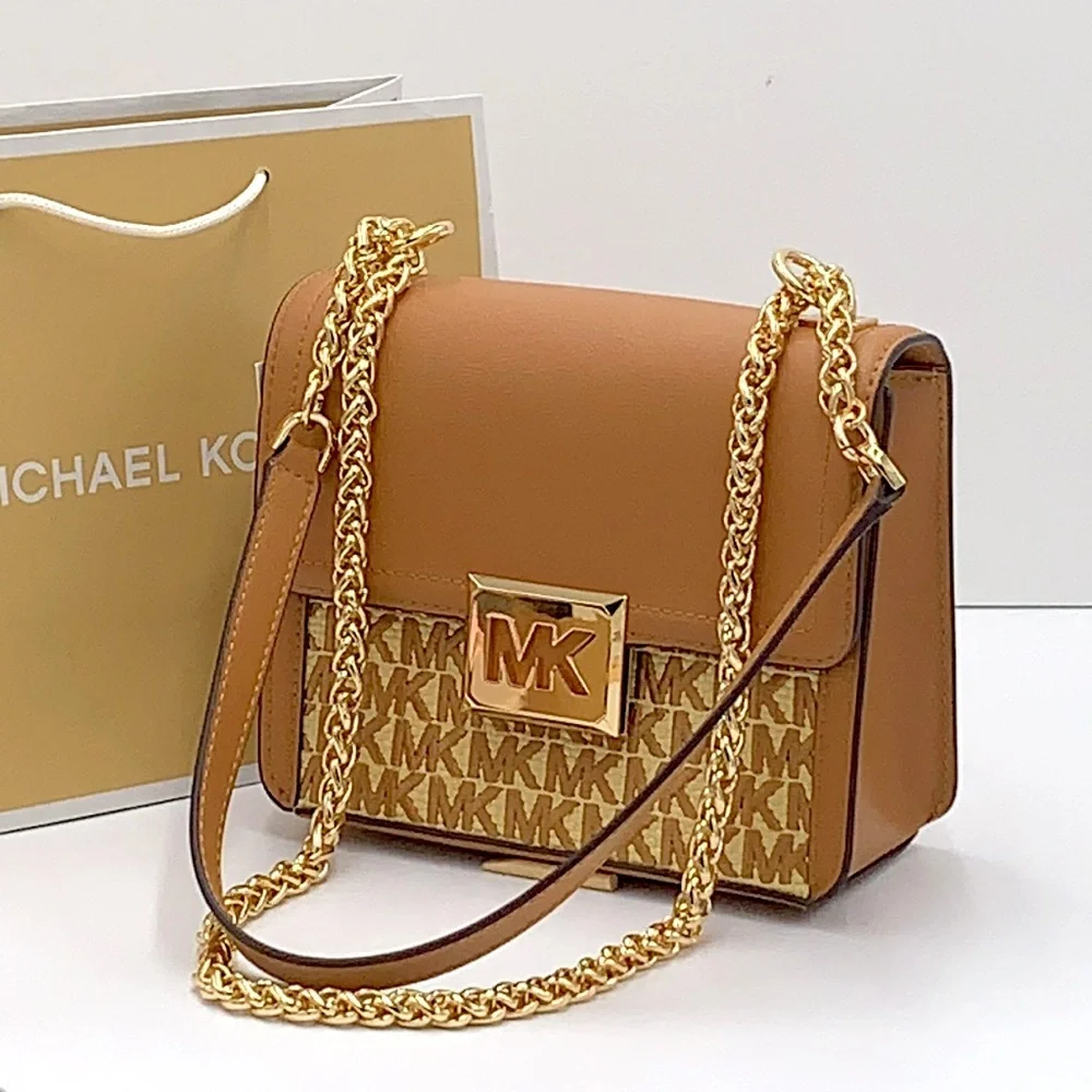 Michael Kors Caramel Tan MK Monogram Chain Shoulder Bag